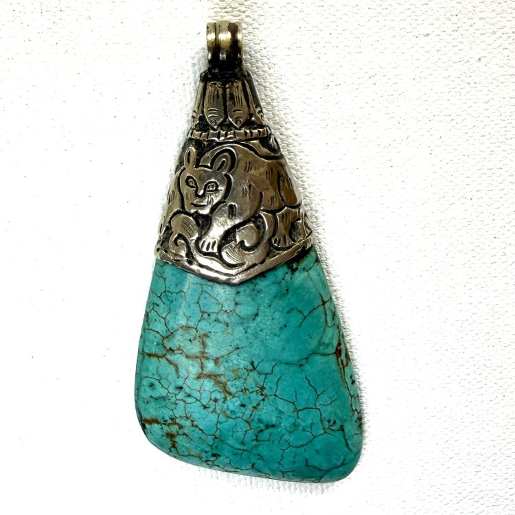 antique Indian silver-plated animal pendant with turquoise