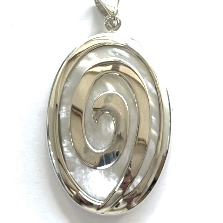 large double sided sterling silver swirl pendant with mother of pearl