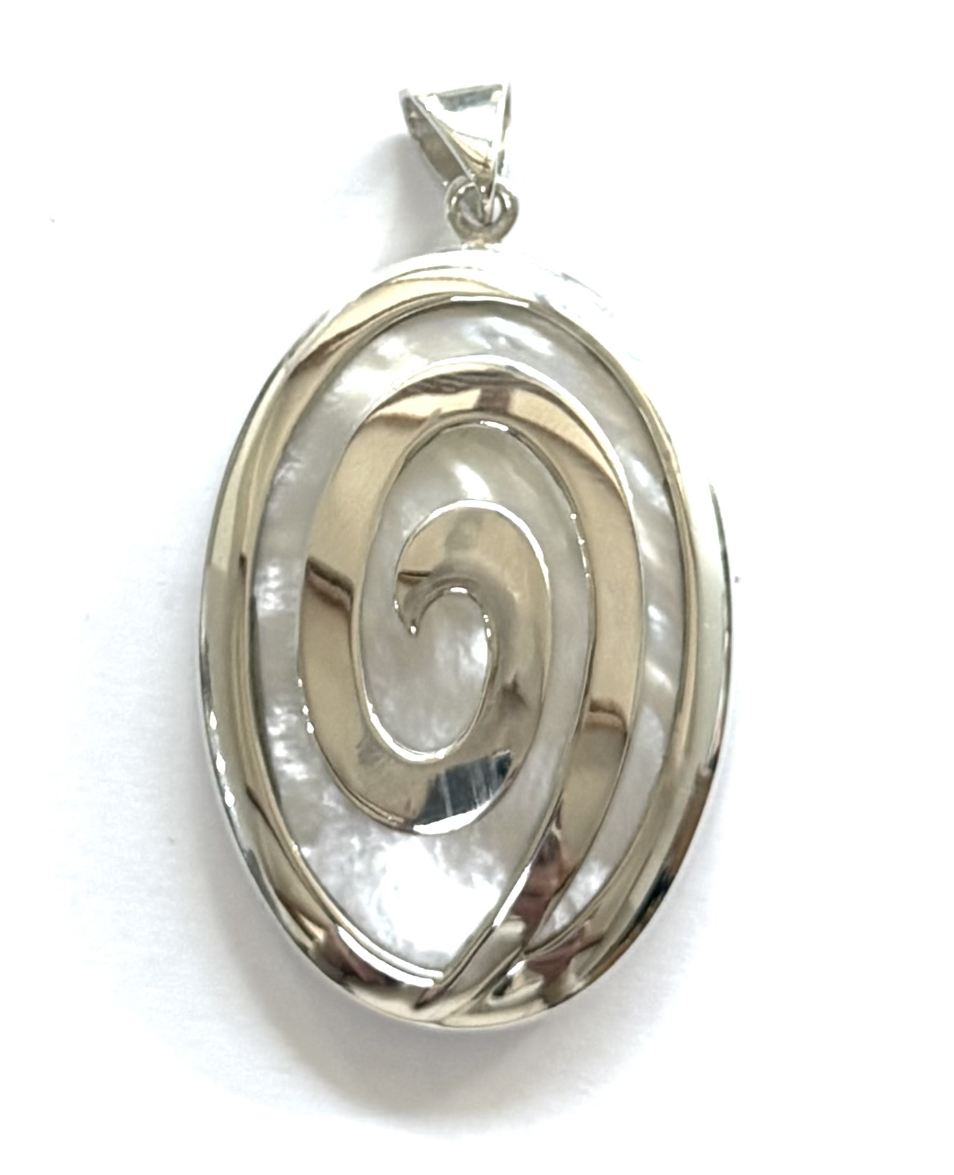 large double sided sterling silver swirl pendant with mother of pearl