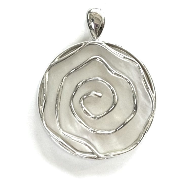 round mother of pearl pendant with sterling silver swirl