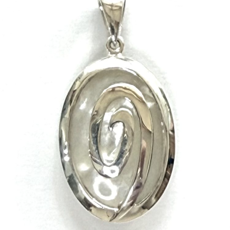 small double sided sterling silver swirl pendant with mother of pearl