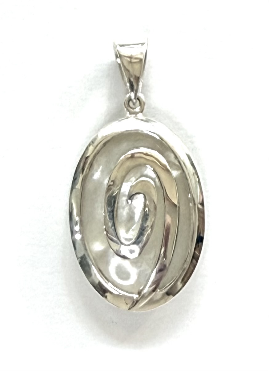 small double sided sterling silver swirl pendant with mother of pearl