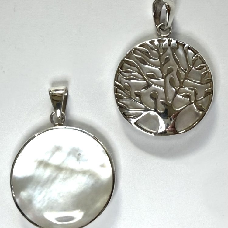 round mother of pearl pendant with sterling silver tree of life