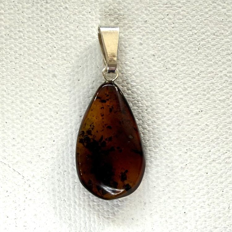 sterling silver dark amber drop pendant