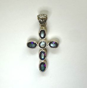 sterling silver and faceted mystic quartz cross pendant