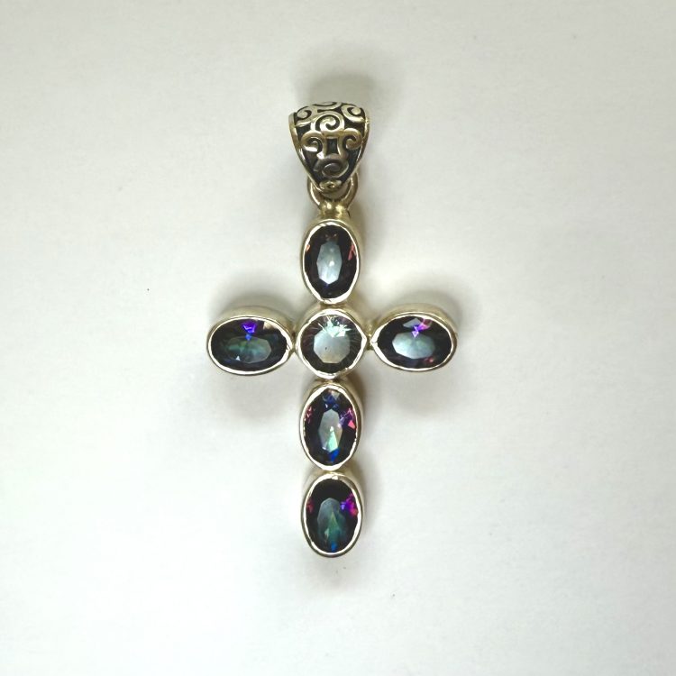 sterling silver and faceted mystic quartz cross pendant