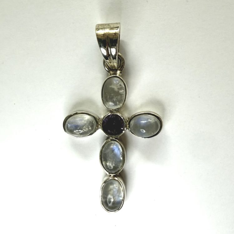 sterling silver and faceted amethyst and moonstone cross pendant