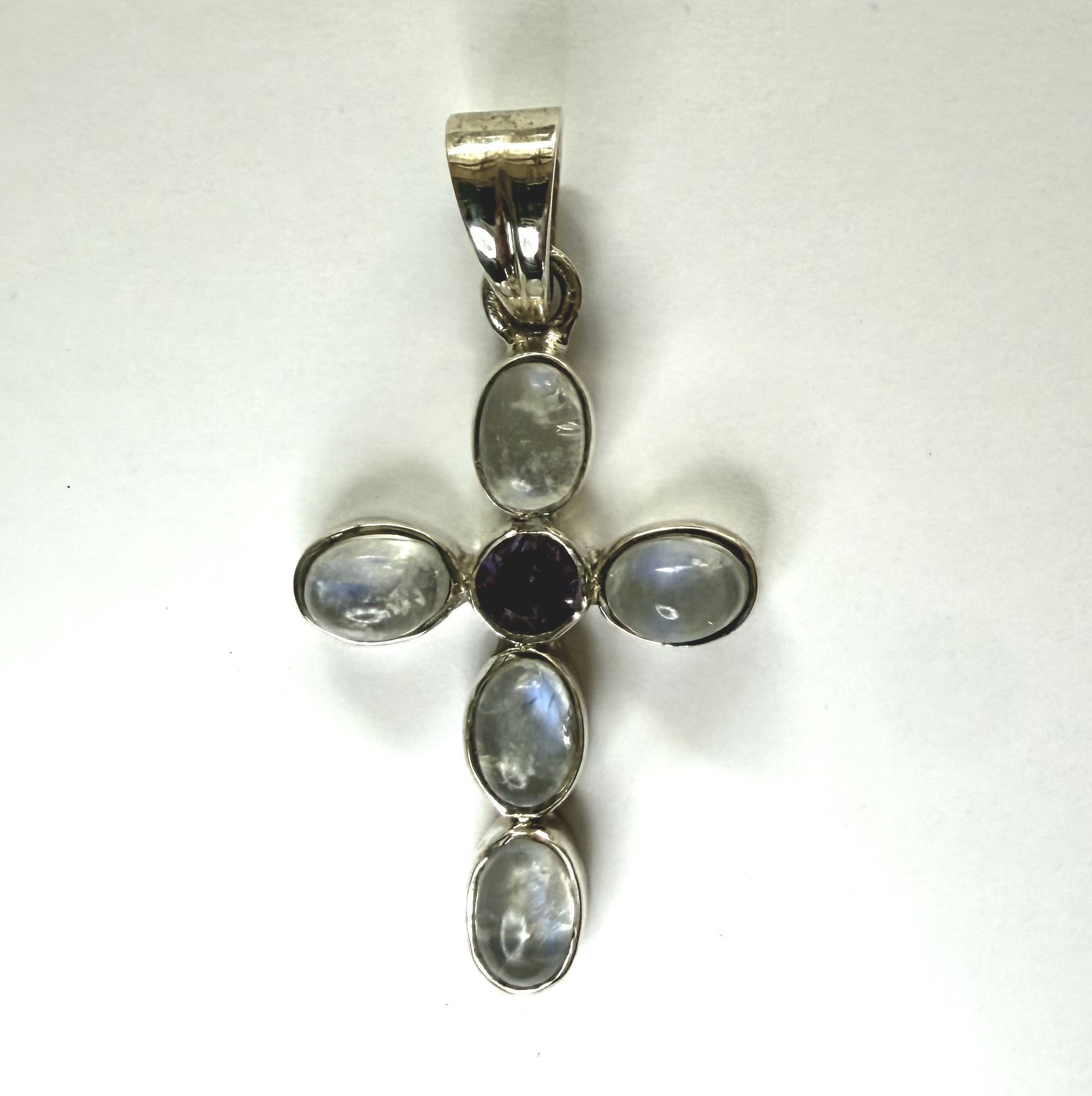 sterling silver and faceted amethyst and moonstone cross pendant