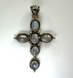 dotted detail sterling silver and cabochon moonstone cross pendant