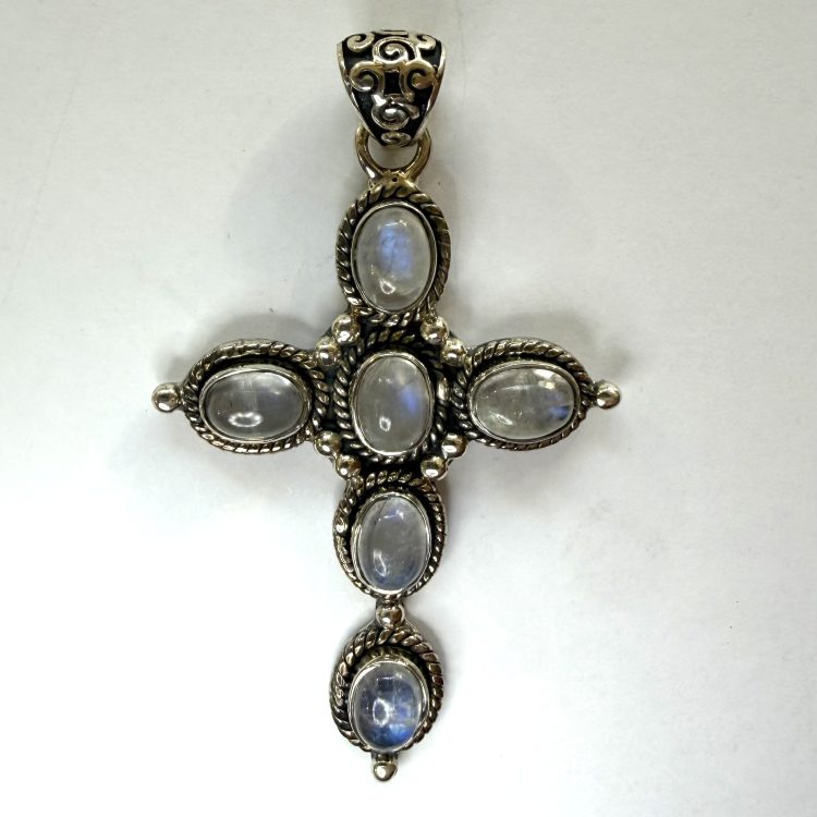 dotted detail sterling silver and cabochon moonstone cross pendant