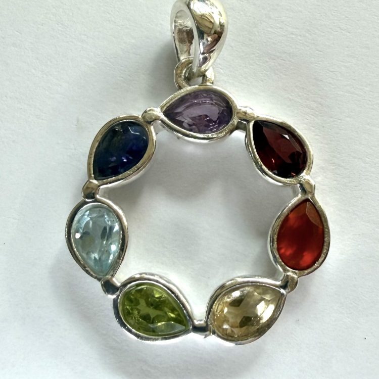 sterling silver and faceted chakra gemstone round pendant