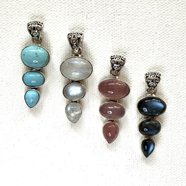 sterling silver and various gemstone 3 gem drop pendant