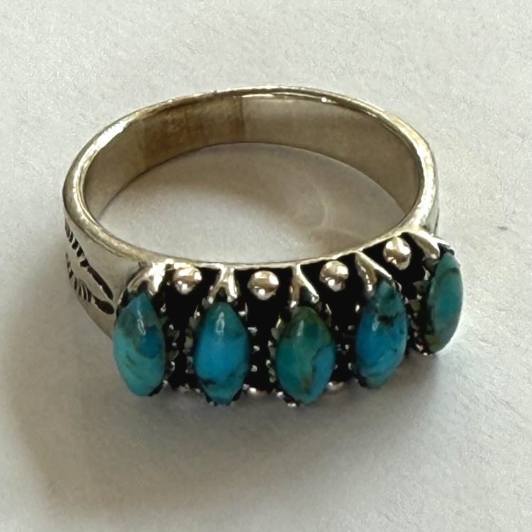 sterling silver band ring with 5 turquoise gemstones
