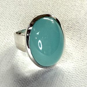 large oval blue chalcedony ring with thick sterling silver band