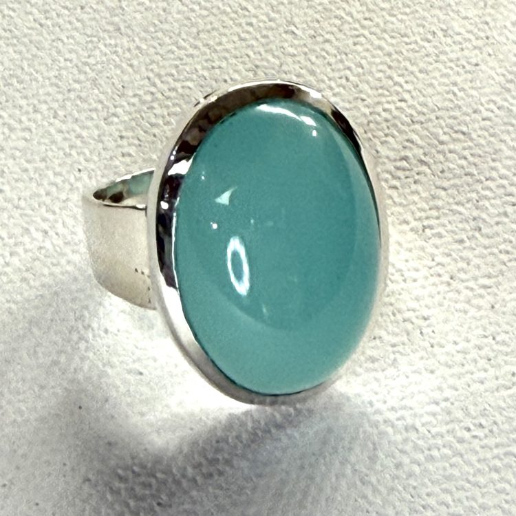large oval blue chalcedony ring with thick sterling silver band