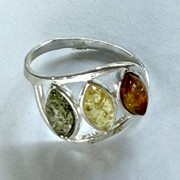 sterling silver tri-colour elliptical amber ring