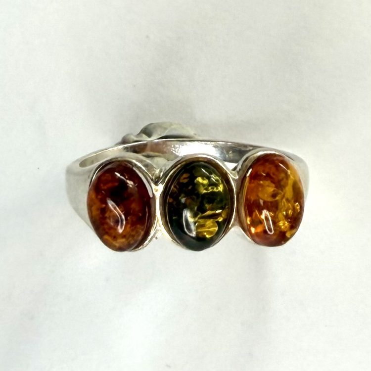 sterling silver tri-colour oval amber ring