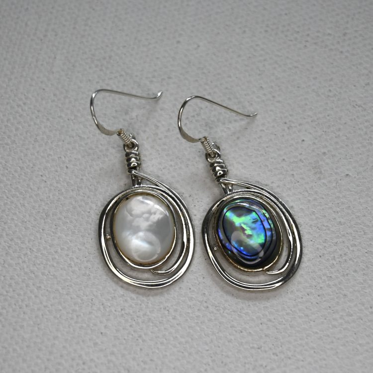 various gemstone sterling silver wrapped earrings - mother of pearl/abalone shell