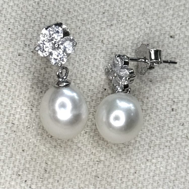 sterling silver, cubic zirconia and white pearl drop stud earrings