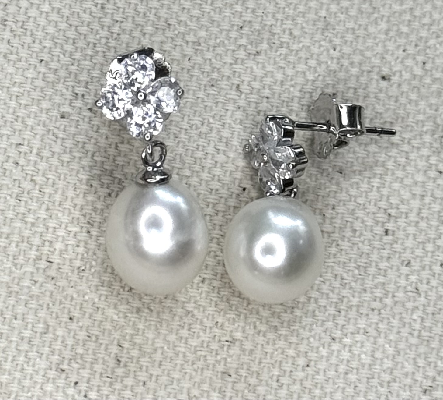 sterling silver, cubic zirconia and white pearl drop stud earrings