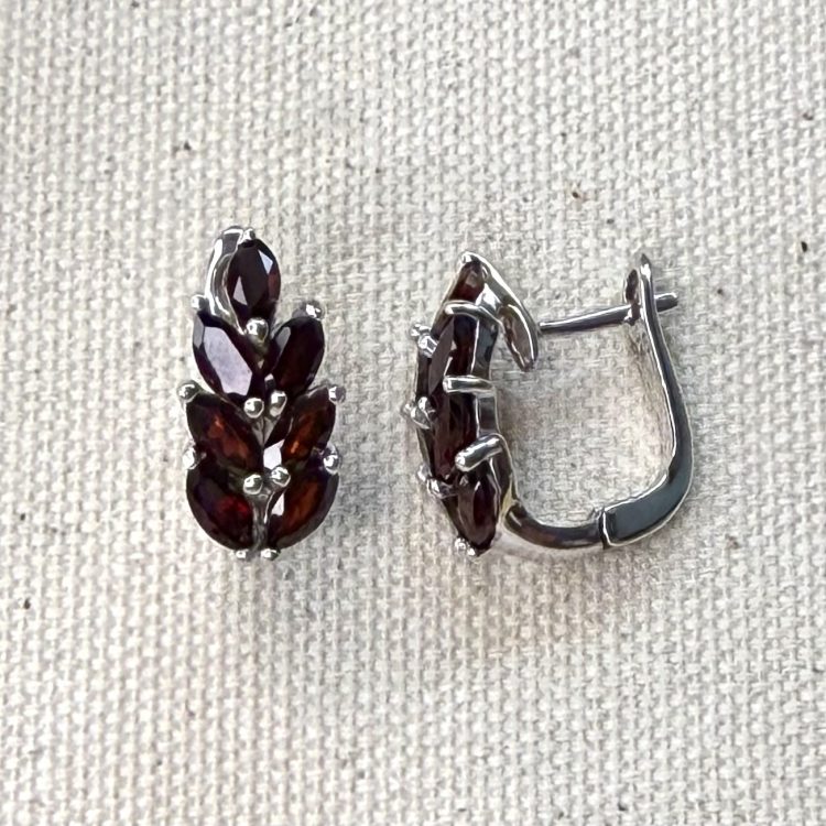 sterling silver and garnet leaves design earrings with lock clasp