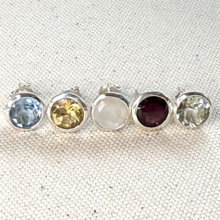 sterling silver and various gemstone faceted round stud earrings