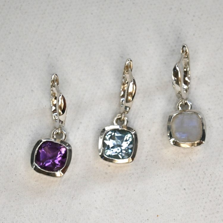 sterling silver and various gemstone faceted squared drop earrings