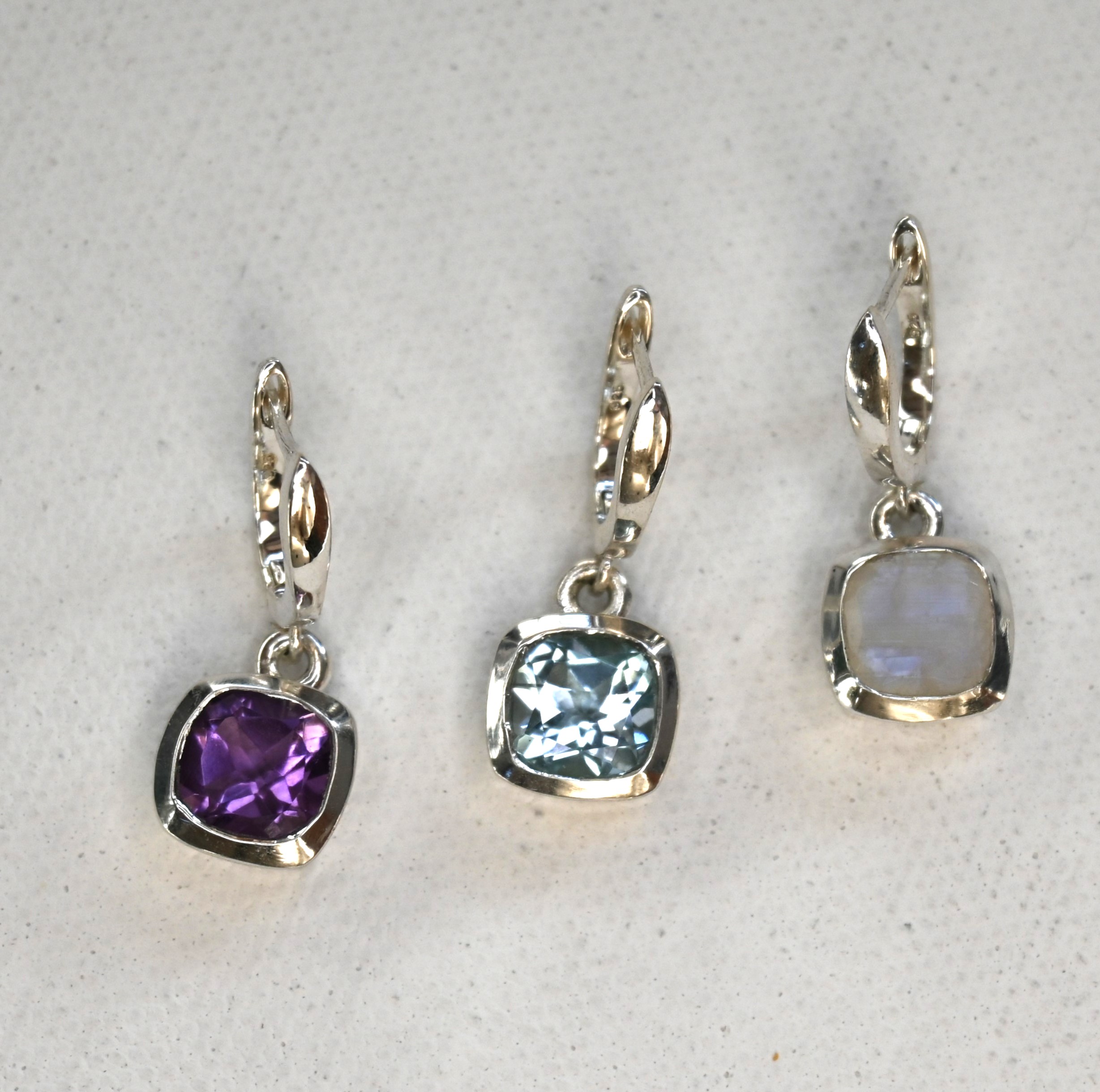 sterling silver and various gemstone faceted squared drop earrings