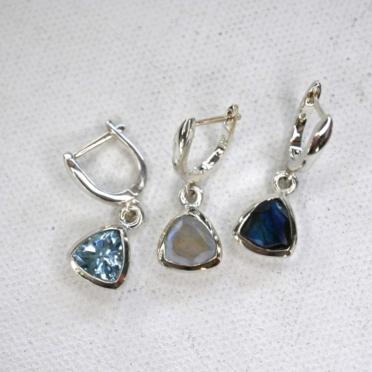 sterling silver and various gemstone faceted triangular drop earrings