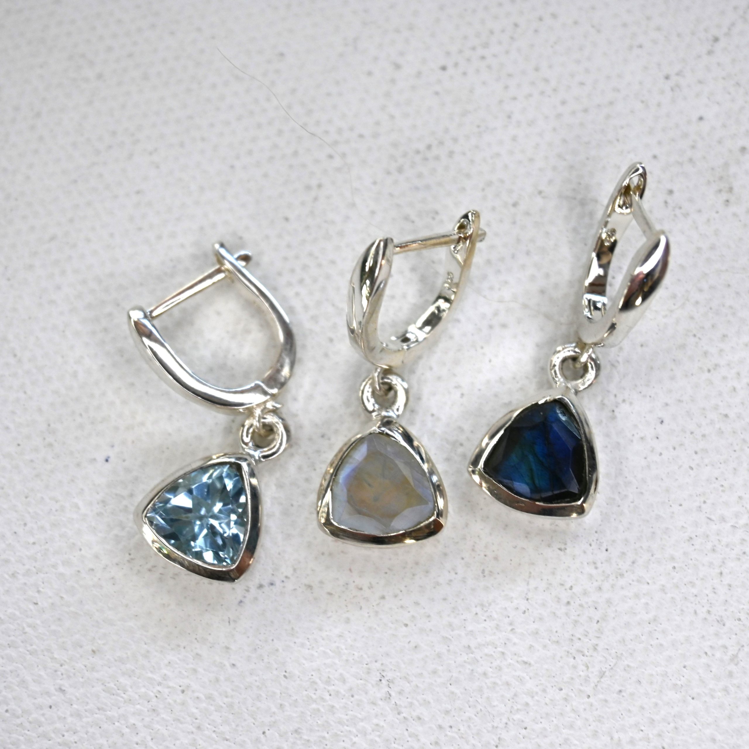 sterling silver and various gemstone faceted triangular drop earrings