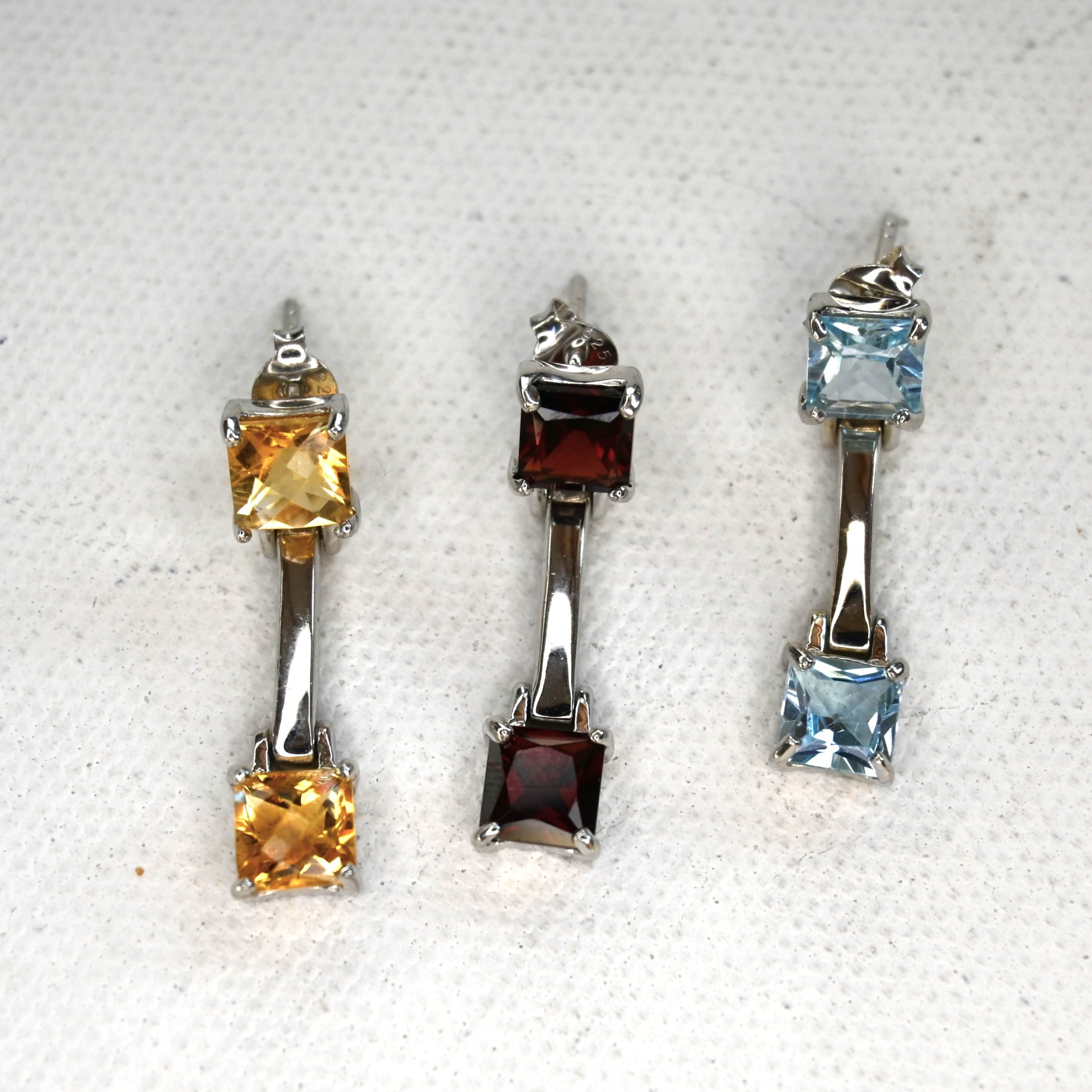 sterling silver and various double square gemstone with bar earrings