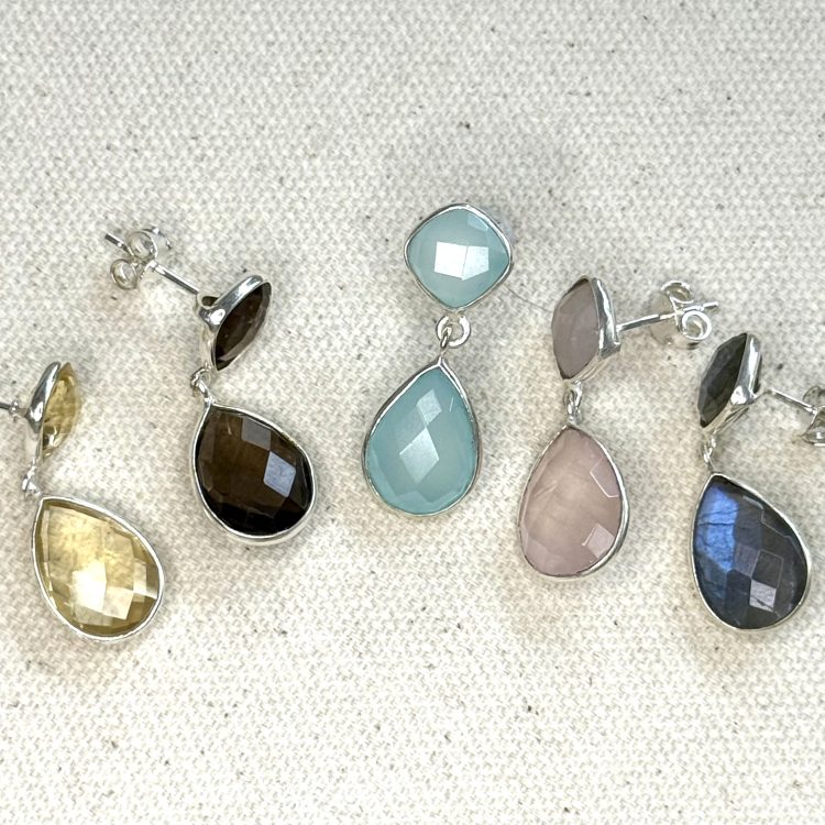 sterling silver and various gemstone faceted double drop earrings