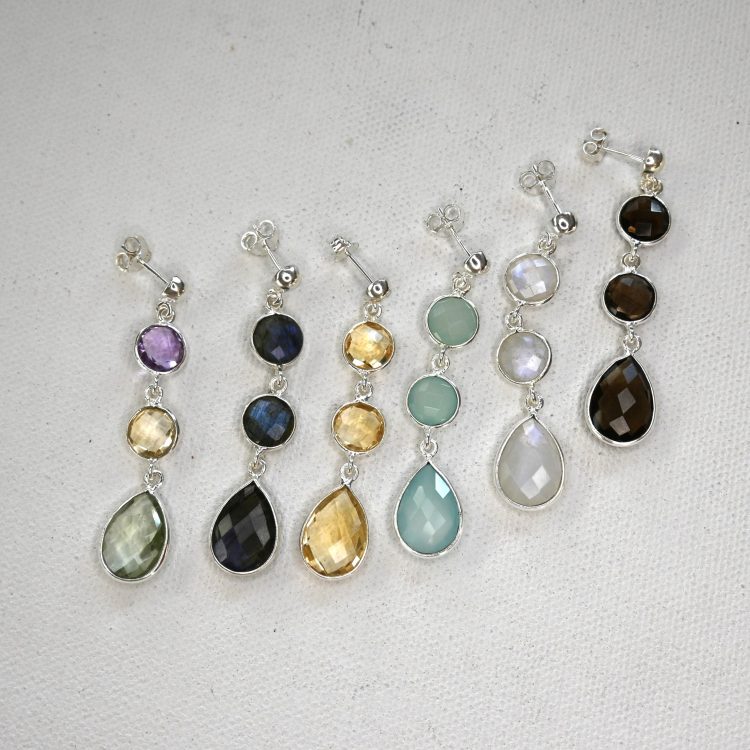 sterling silver and various gemstone faceted triple drop earrings