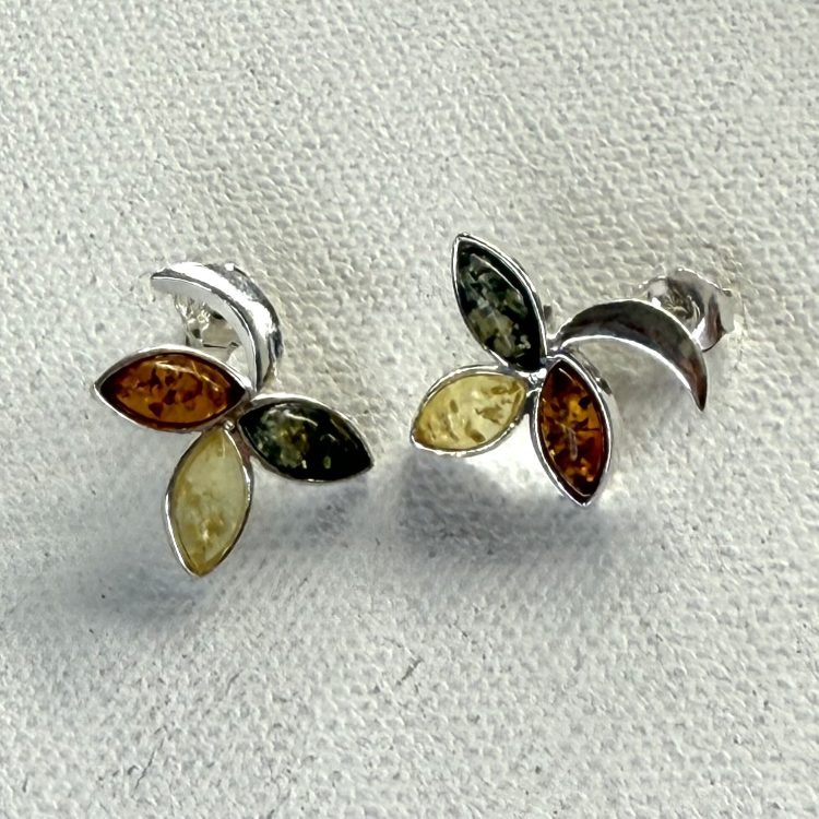 sterling silver and tri-colour amber leaf stud earrings