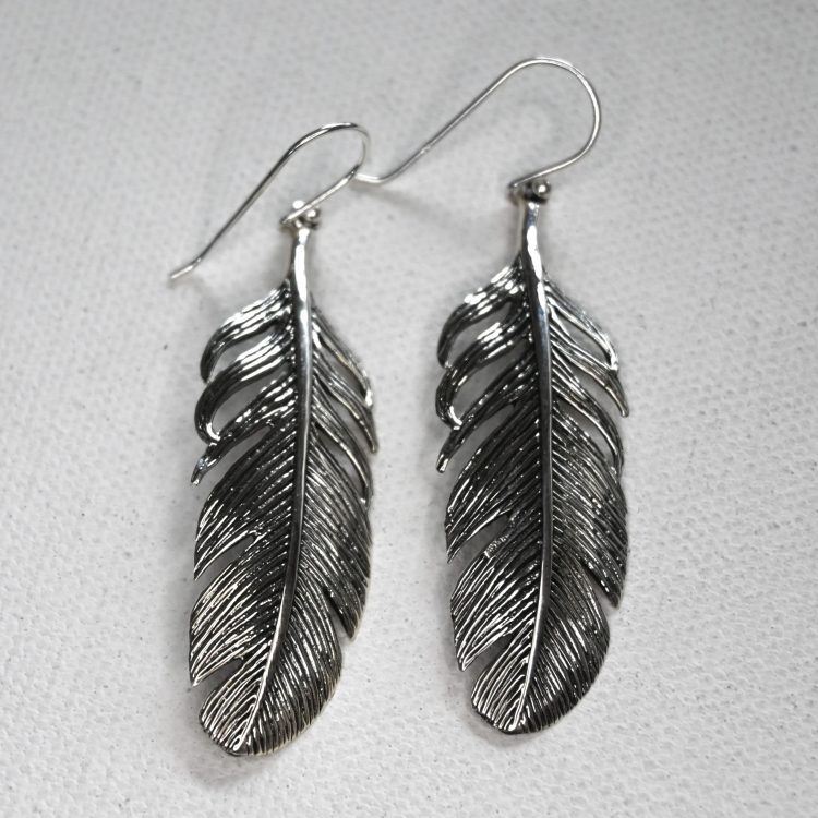 large sterling silver feather drop earrings