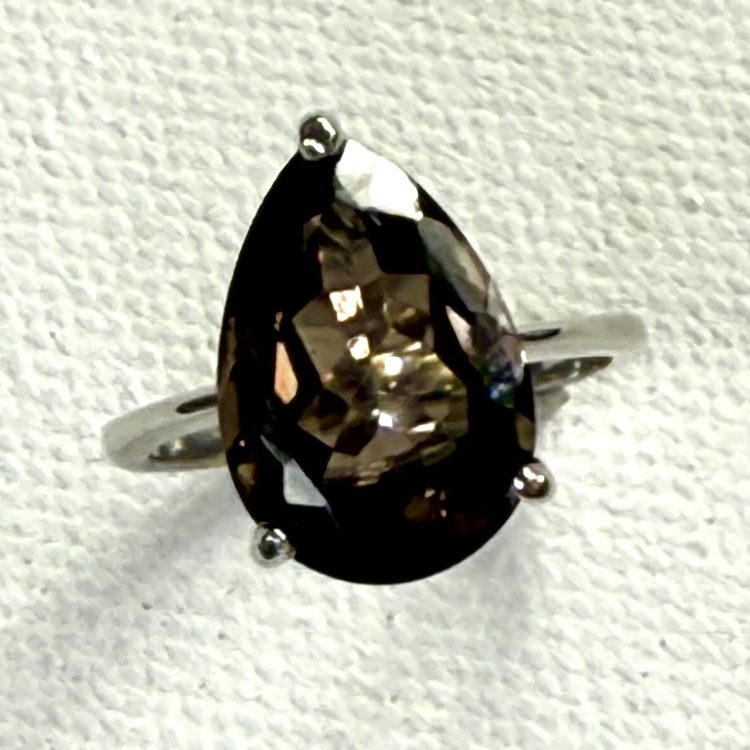 sterling silver faceted teardrop smokey quartz ring