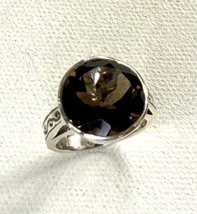 sterling silver faceted round smokey quartz ring