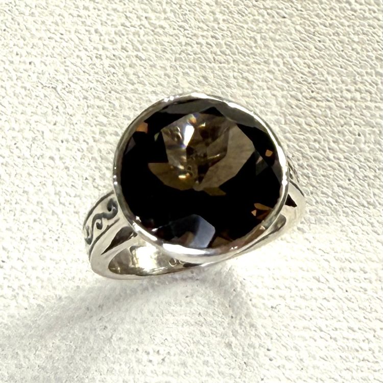 sterling silver faceted round smokey quartz ring