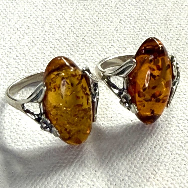 elliptical sterling silver and amber ring